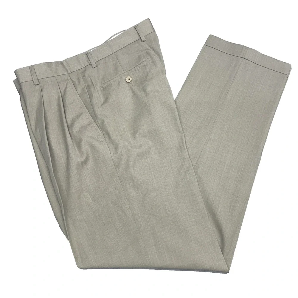 Jos A Bank Travelers Men's 36W x 34L Olive Wool Dress Pants Pleated Front Cuffed